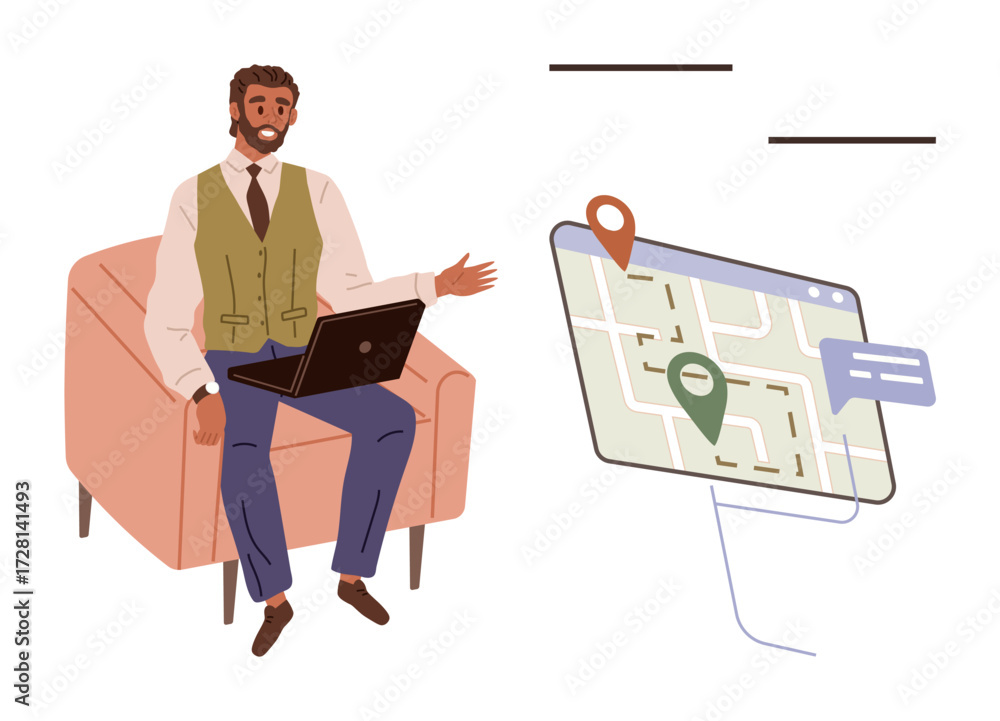 Poster man sitting with laptop pointing at a digital map with location markers and chat bubble. ideal for n