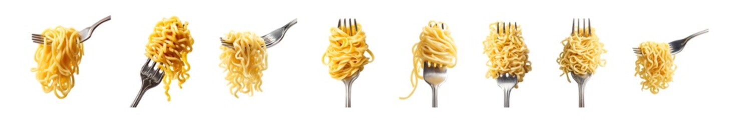 Set of forks with freshly cooked spaghetti pasta isolated on white background.