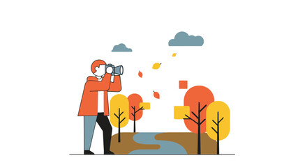 Illustration of a person using binoculars to observe nature in autumn, ideal for educational materials, travel promotions, or conservation awareness campaigns.