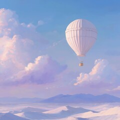 Fototapeta premium Dreamy white hot air balloon adventure soaring above winter landscape under pastel skies, a whimsical getaway for travel inspiration and peaceful escape
