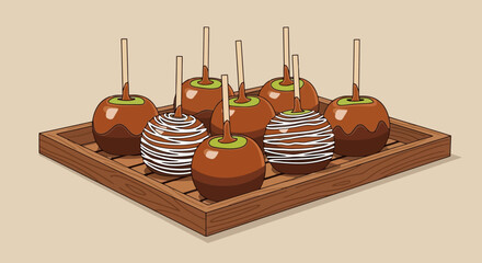 Delicious Caramel Apples Displayed on Wooden Tray, Perfect for Fall Festivals, Halloween Treats, and Festive Culinary Visuals for Stock Photography