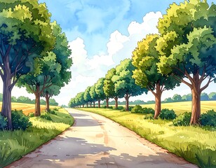 Summer Countryside Lane Watercolor Illustration