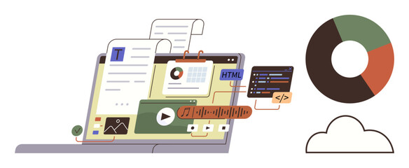 Laptop with open workspace showcasing document editing, coding, media management, pie chart, and cloud icon. Ideal for technology, education, coding, data management teamwork media innovation