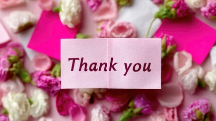Thank You Text with Pink Roses and Pink Sticky Notes Collage on Light Pink Background