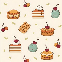 Cute Cartoon Desserts with Cherry and Heart Pattern for Background