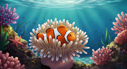Colorful Clownfish Swimming in Vibrant Coral Reef Underwater Scene