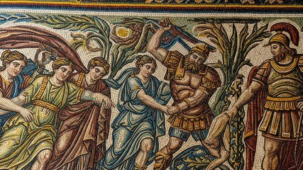 A slow pan across an intricate, ancient mosaic depicting a dramatic scene of figures in motion - Powered by Adobe