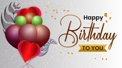 Birthday greeting card elegant vector design. Happy birthday to you typographic text with elegant balloons, eye-catching line art leave, confetti for birthday celebration background