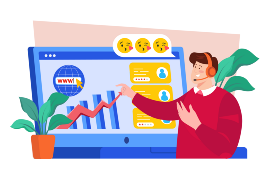 Call Center Agent Explaining Graph Data with Headset on Transparent Background Customer Support Concept Emotional Feedback and Blue Monitor