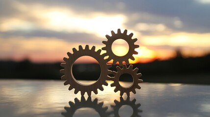 Wooden gears interlocking against a sunset background depicting teamwork and progress in business