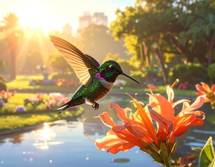 Radiant Hummingbird in a Lush Garden Setting