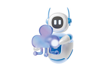 3d robot holding cloud data icon. ai automation concept. Minimal cartoon cloud bot mascot assistant for tech app banner. isolated on white background. 3d render.