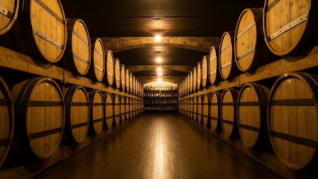 Explore a beautiful wine cellar with aged oak barrels, perfect for vineyard tours, wine tasting events, or showcasing the art of winemaking