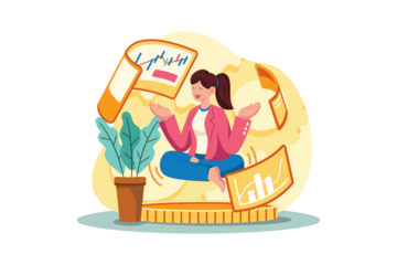 Businesswoman Meditating On Coin Stack Surrounded by Data in Transparent Background