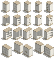 Set of furniture. Cabinet. Isometric. Isolated on white background. Vector illustration.