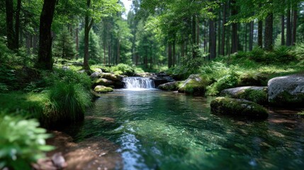 Obraz premium Lush Forest River Scene with Sunlight Filtering Through Trees Greenery Mossy Rocks Tranquil Water and Natural Beauty in Cinematic Lighting