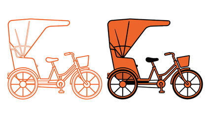 Traditional Cycle Rickshaw Icon Outline and Solid Orange Graphic Symbol for Southeast Asia Travel, Taxi, Leisure, and Local Cultural Transportation Vector Illustration