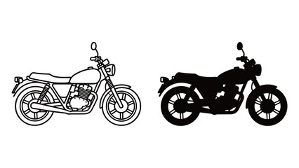 Obraz premium Vintage Retro Motorcycle Icon Outline and Solid Black Silhouette for Classic Bike, Hobby, Speed, Transportation, and Freedom Vector Illustration Graphic