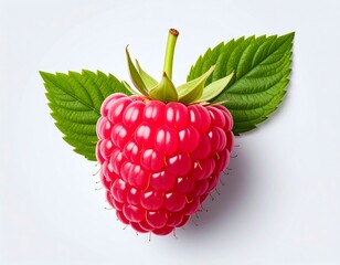 Close-up of a vibrant raspberry with leaves