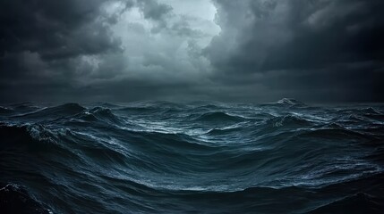 Fototapeta premium scene of a horror black blue sky and sea with haunted clouds, creating a scary ocean atmosphere. Depression background with mystery gloomy dark theme and blur texture. Ideal for backgrounds, posters, 