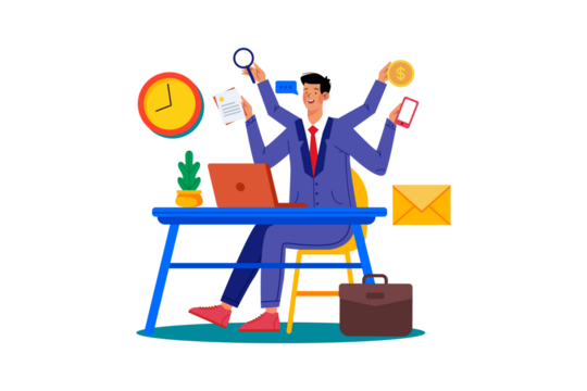 Busy Executive with Multiple Arms Working at Desk with Laptop Transparent Background