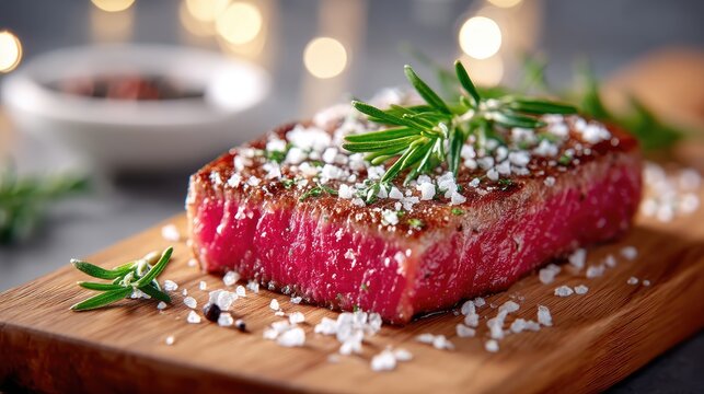 Raw Steak Topped with Sea Salt and Rosemary on Wooden Board in Cinematic Lighting