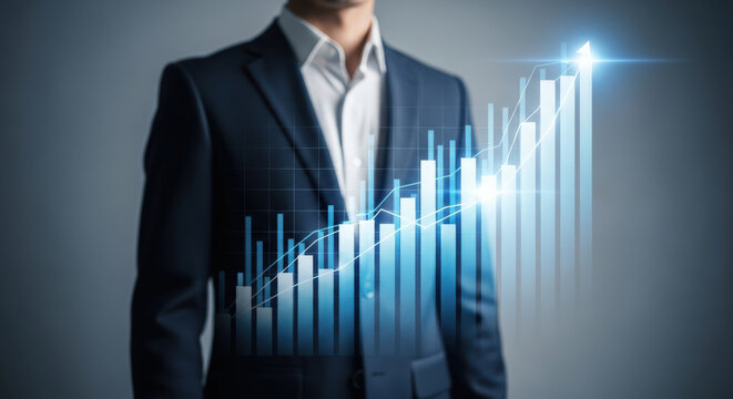 Businessman with Growing Financial Graph Overlay.