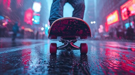 Skateboarder's perspective on wet city street