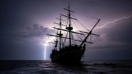 Silhouette of a pirate ship sailing through a stormy sea with lightning strikes in the background.