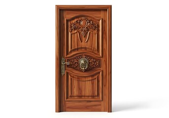 An intricately carved wooden door with a brass lion-head knocker, representing a grand entrance to a home