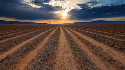 Naklejka premium Barren Landscape Under Dramatic Sky with Sunlight Breaking Through Clouds Over Dry Earth and Cracked Ground in Drought Conditions
