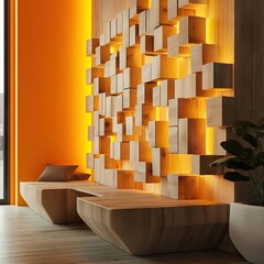 Modern wall art of light-lit wooden blocks, accented by orange wall and seating