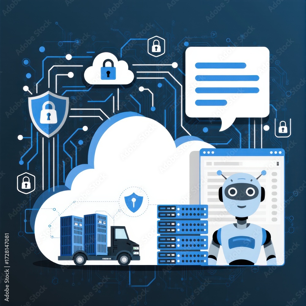 Wall mural disaster recovery technology concept with cloud computing data protection icons and ai chatbot inter