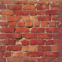 Close-up view of a weathered brick wall.  Red bricks, mortar, and slight imperfections.  A textured surface