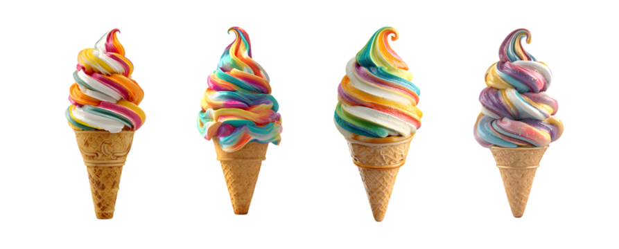 Set of four colorful rainbow soft serve ice cream cones on a white background.
