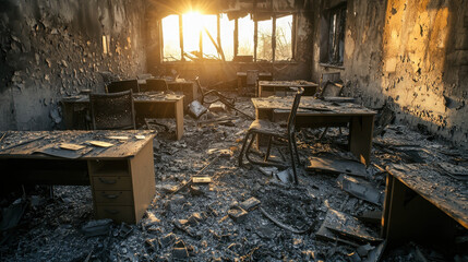 Abandoned office space with charred furniture and debris, illuminated by warm sunlight filtering through broken windows at sunset