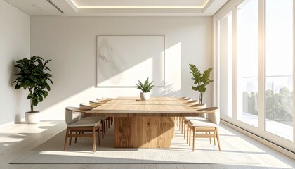 Fototapeta premium A bright and modern conference room featuring a large wooden table, minimalist chairs, green plants, and expansive windows with natural light.