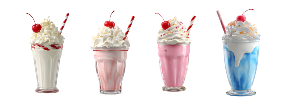 A colorful assortment of four classic milkshakes in tall glasses.