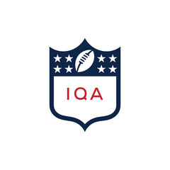 IQA American Football Logo Design. IQA Modern Sports Shield Emblem with Stars and Ball for Football Club IQA Tournament and Team Branding.
