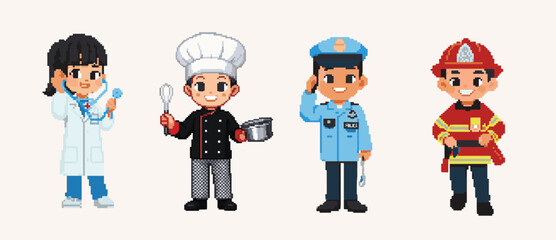 Pixel art 8 bit objects. Retro game assets. Set of icons. Vintage computer video arcades. Pixelated custom doctor, chef, police, and firefighter outfit character illustration. Vector illustration.