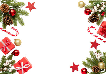 Christmas Corner Border Frame with Gifts and Ornaments on White Background