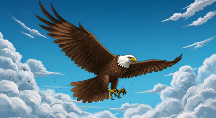Majestic Bald Eagle Soaring in Bright Blue Sky with Fluffy Clouds and Sunlight