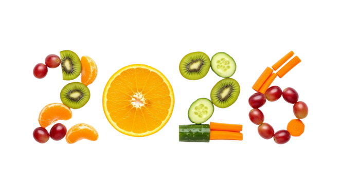 Year 2016 Spelled with Fruits and Vegetables Including Grapes, Kiwi, Orange, Carrot, and Cucumber on White Background