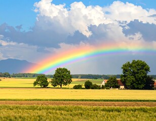 Radiant Rainbow Arcing Over Golden Fields