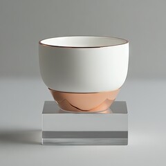 White ceramic bowl with copper trim on a clear acrylic base