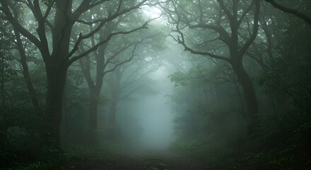 Misty Forest Path with Tall Trees and Green Foliage in Soft Light