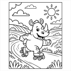 Cute Rhino Coloring Page for Kids, Roller Skating Animal Cartoon Vector, Funny Animal Coloring Book Page, Happy Rhinoceros on Skates Black and White Vector.