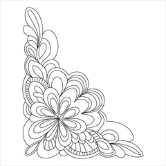 Floral Mandala Corner Design, Intricate Decorative Pattern Coloring Page Vector, Abstract Flower Ornament, Detailed Line Art Corner Decoration Coloring Vector.