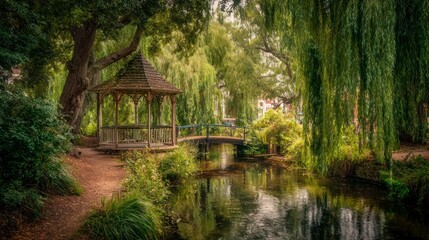 Park gazebo with bridge and water feature