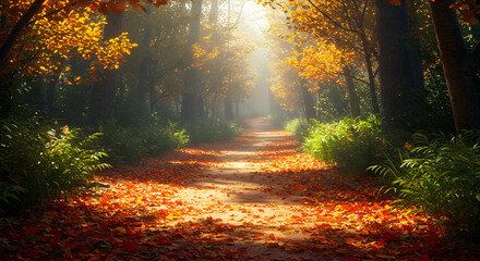 Sunlit Autumn Forest Path Surrounded by Colorful Foliage and Green Plants